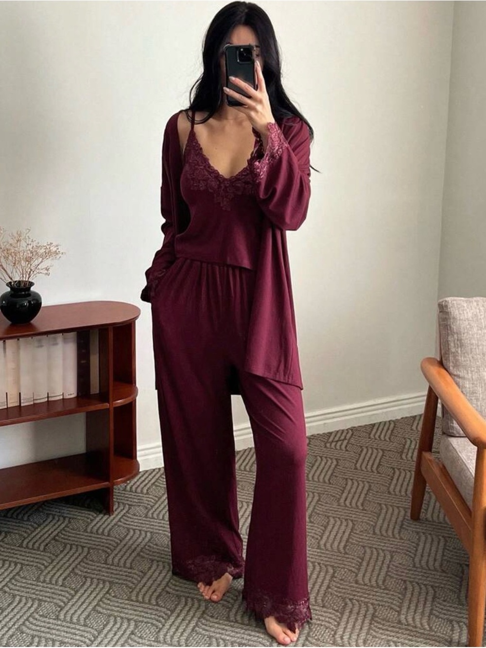 SHEIN Burgundy Lace Trim 3-Piece Pajama Set